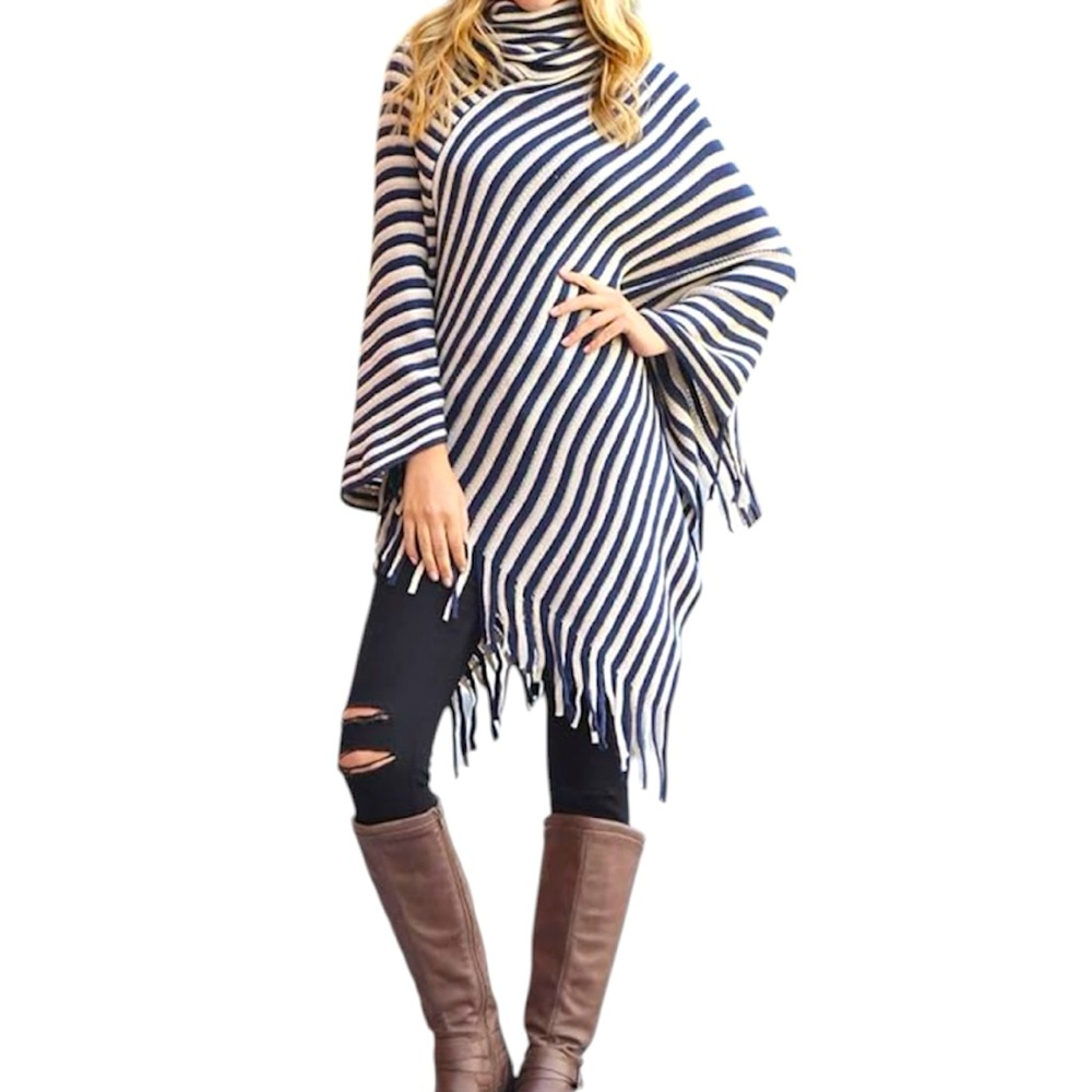 Drape Neck Stripe Poncho